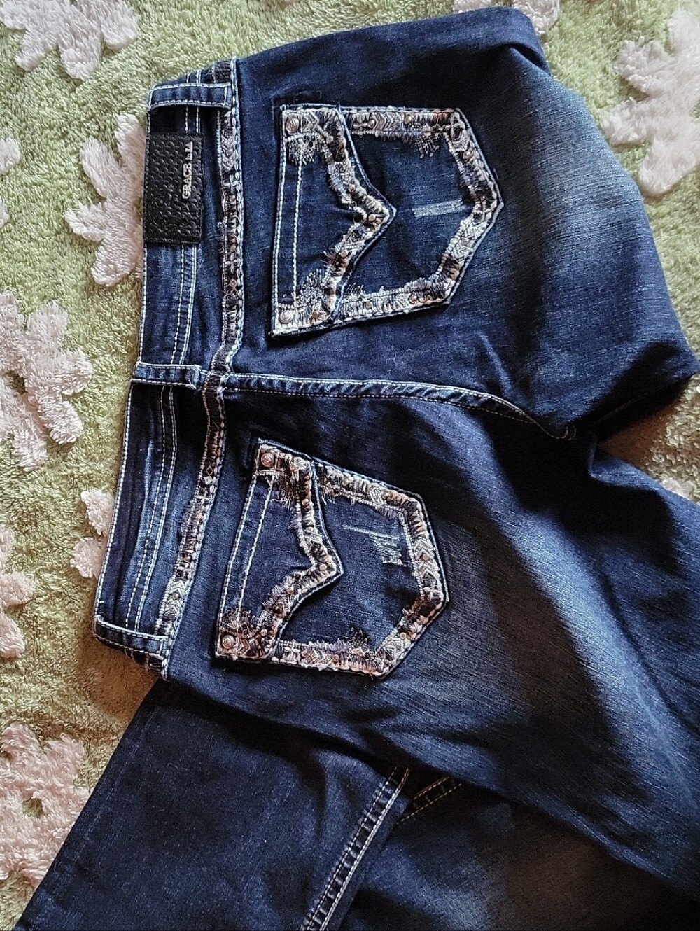 Grace in LA Dark Blue Embroidered Pocket Skinny Jeans
